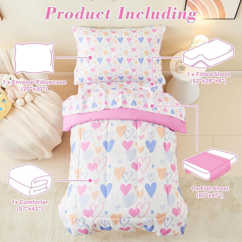 Mooreeke 4 Pieces Toddler Bedding Set - Soft Love Heart Toddler Comforter Sets for Girls, Includes Quilted Comforter, Flat Sheet, Fitted Sheet and Pillowcase, Bed in A Bag for Baby Bedroom - Image 2